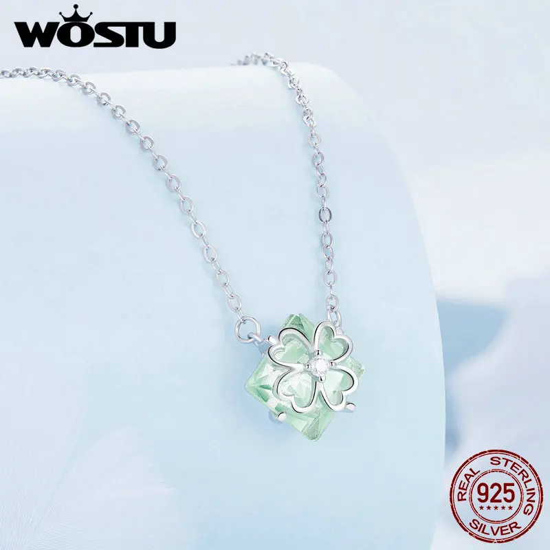 

WOSTU, серебро 925 пробы, четырехлистный клевер, кулон, регулируемая цепочка на шею с зеленым стеклом для женщин, оригинальные ювелирные украшен...