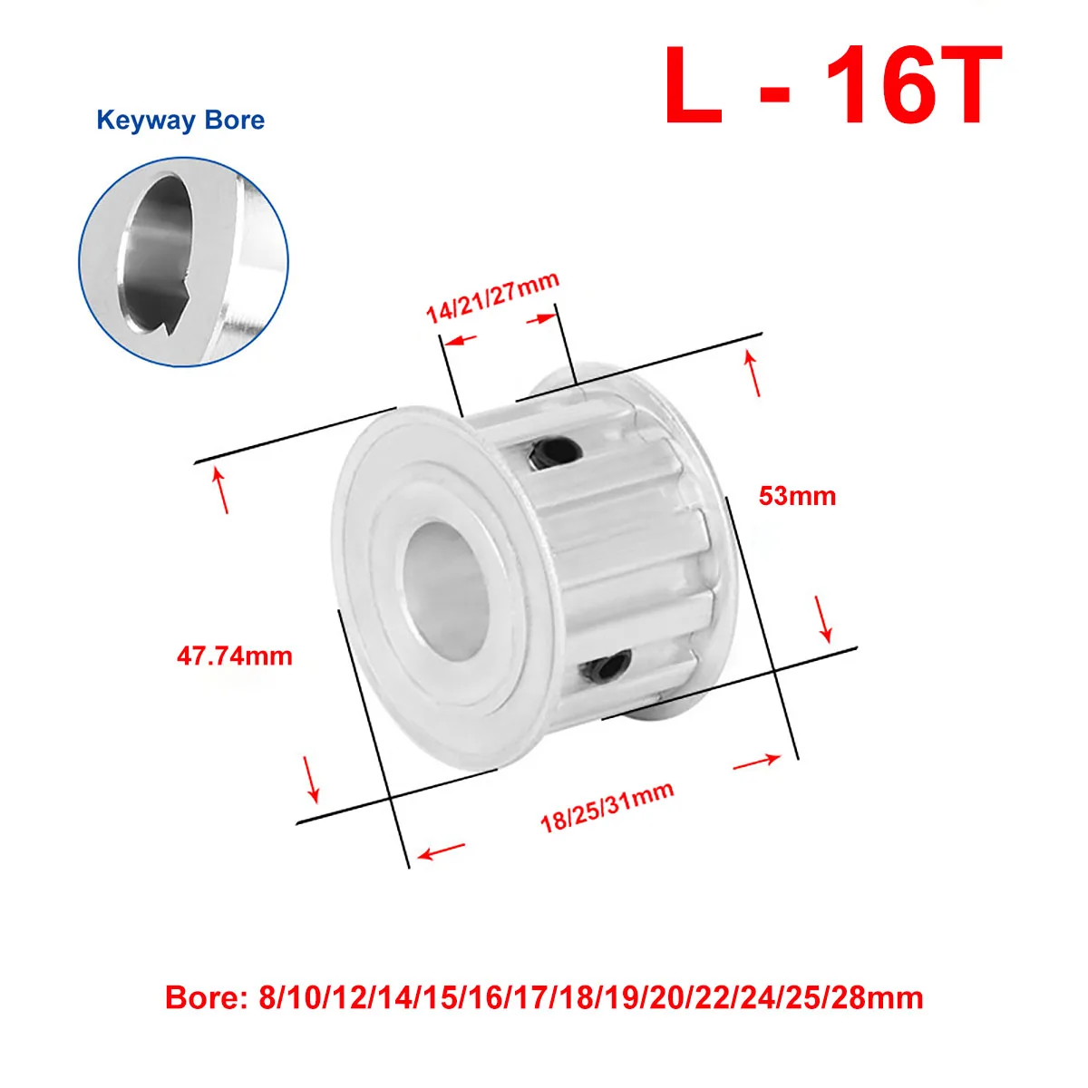 

1Pc Timing Pulley L-16Teeth Keyway Bore 8~28mm Pitch 9.525 mm Synchronous Pulley Wheel For Width 13/20/25mm L Rubber Timing Belt