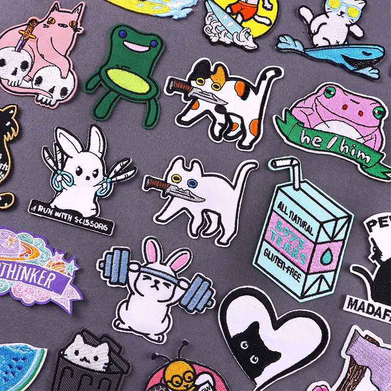 

Нашивка С Вышивкой кошки, хиппи, заплатки в виде животных для одежды, термоклейкие нашивки на одежду, мультяшная нашивка «сделай сам» для од...