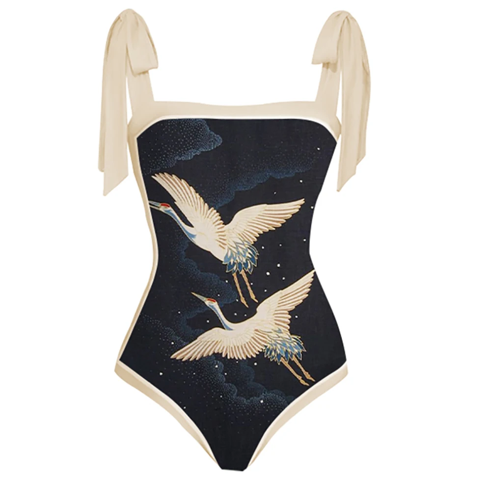 Red Crowned Crane Print OnePiece Swimsuit Luxury Micro Bikini and Cover Up Elegant Butterfly Strap Swimwear Women Beachwear 2022