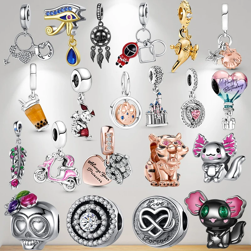 

New 925 Sterling Silver Charm Pendant for Original Pandora DIY Bracelet Tiger pink motorcycle Dragonfly Beads Gift Women Jewelry