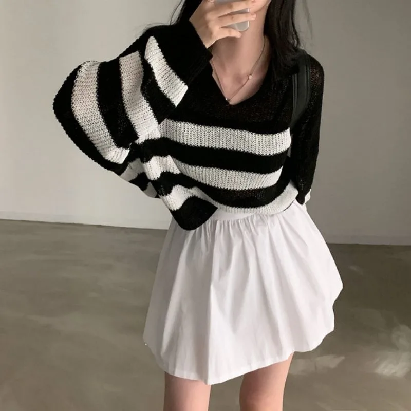 Женский ТрикоТажный Свитер-поло С Длинными Рукавами В Полоску