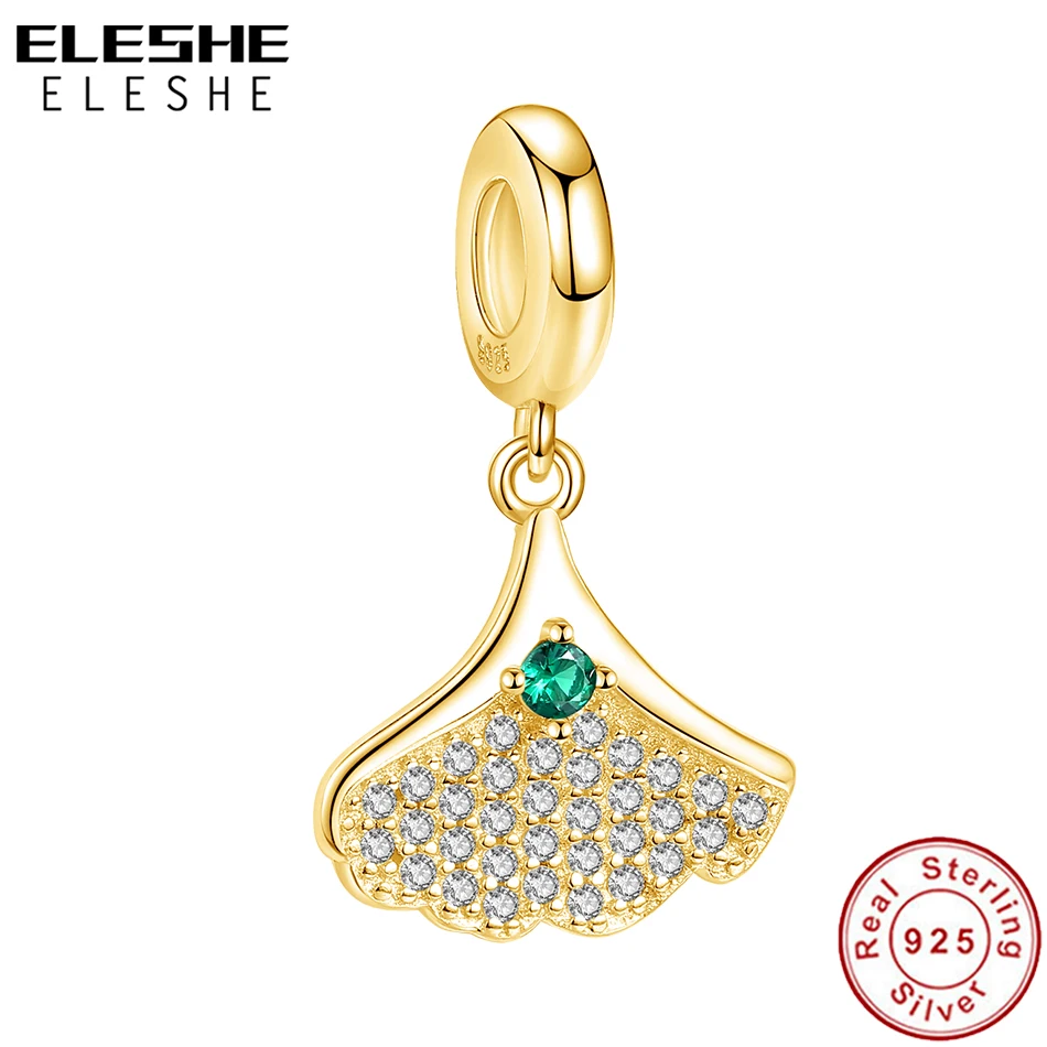 

ELESHE Fashion Sparkling Crystal Ginkgo Biloba Dangle Charms 925 Sterling Silver Sweet Beads Fit Original Bracelet DIY Jewelry