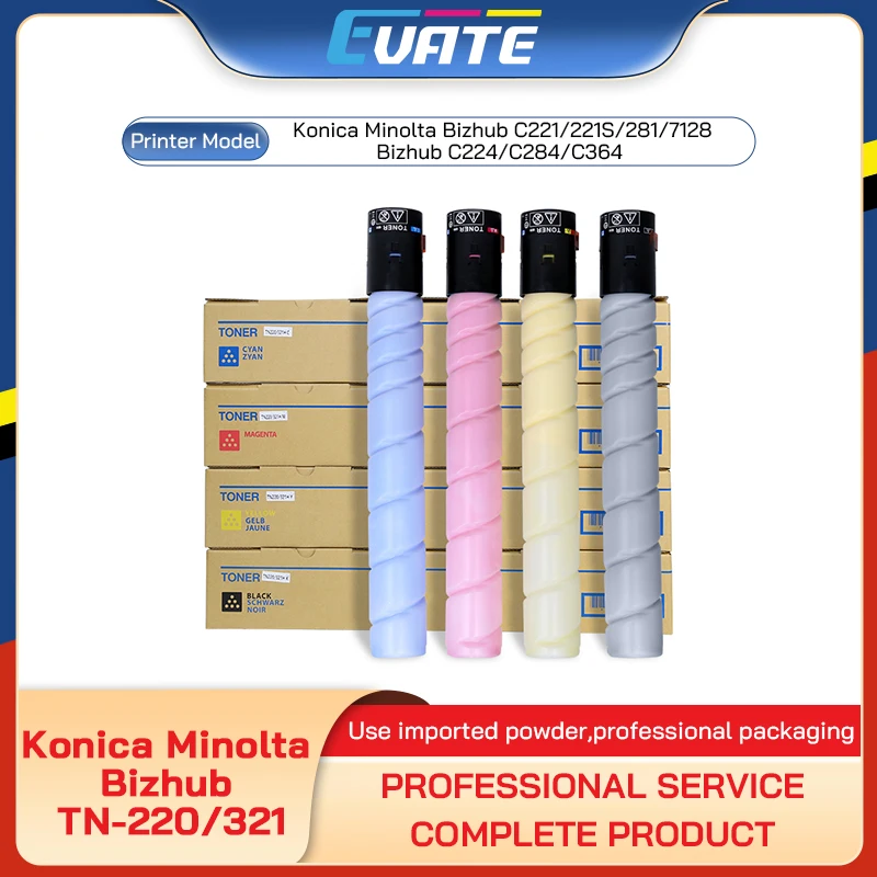 

4PCS TN321 TN220 BK450g CMY330g Compatible Toner Cartridge for Konica Minolta Bizhub C221/221S/281/7128 Bizhub C224/C284/C364
