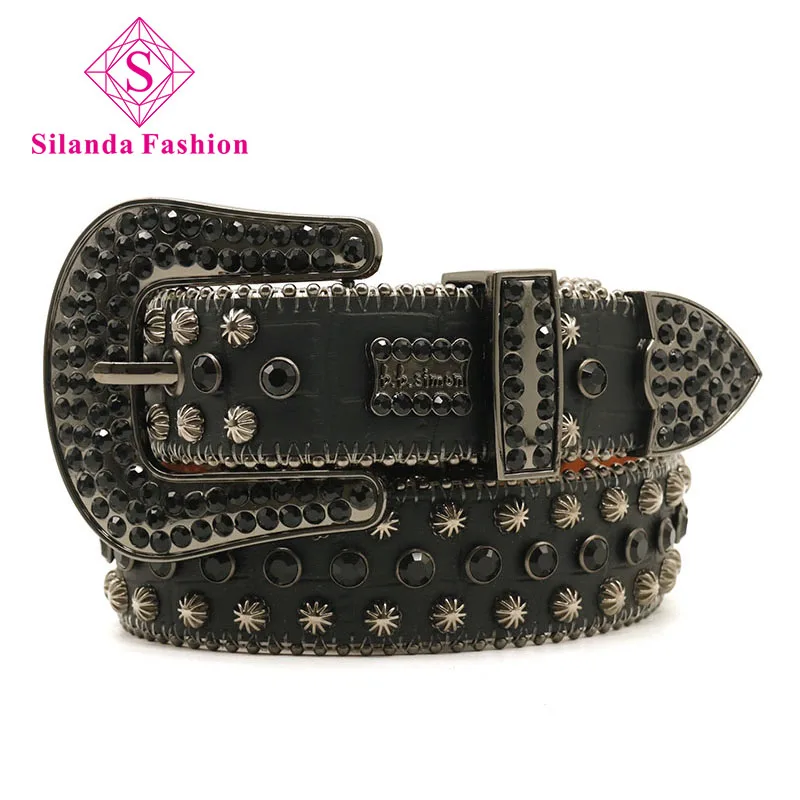 

Silanda Fashion Women's Hand-made Rhinestone Inlaid Jeans Waistband Men's Punk Pin Buckle Belts Trendy Genuine Leather Girdles