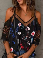v neck lace patchwork floral print t shirt off the shoulder sexy t shirt tee short sleeves fashion casual loose women tee top
