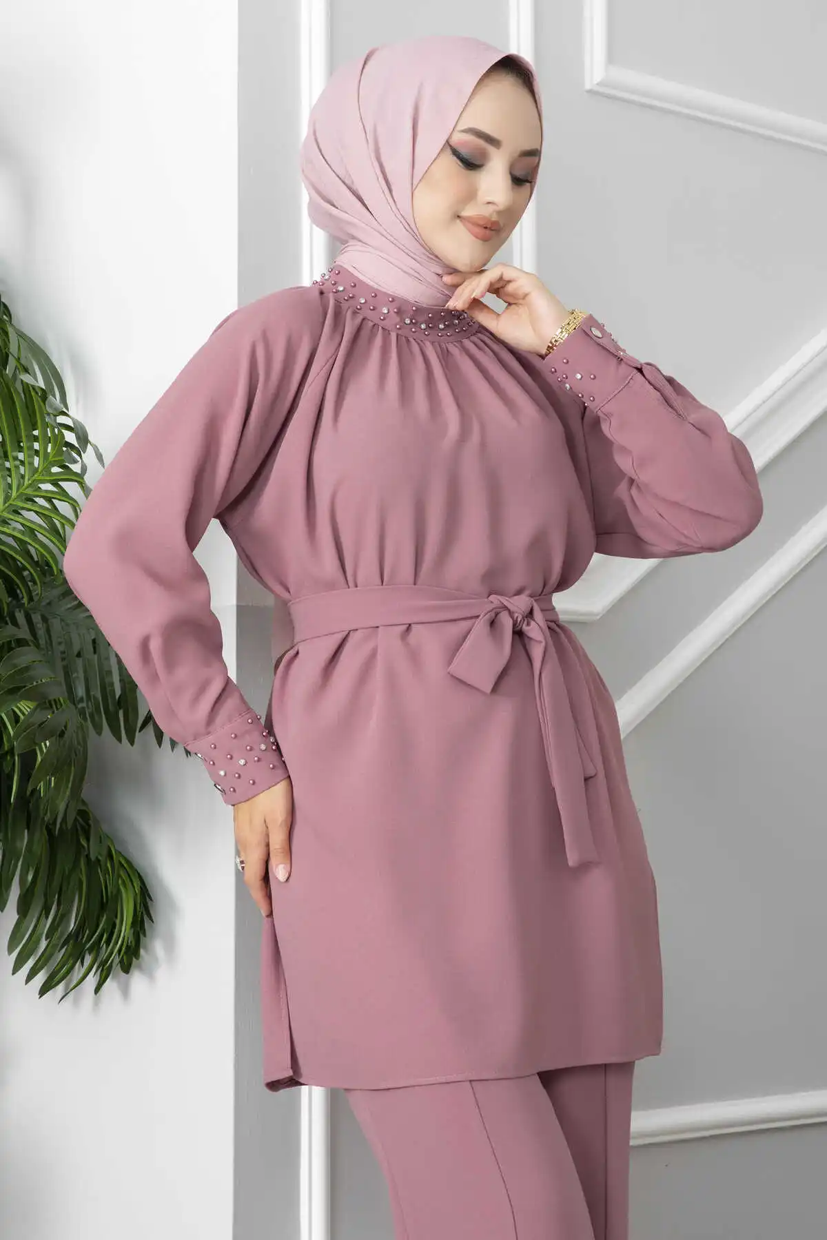 Women Clothing Pearl Detailed Hijab Double Suit Robe Femme Musulmane Autumn Blouses Muslim Sets Long Sleeve Turkish Pants Abaya
