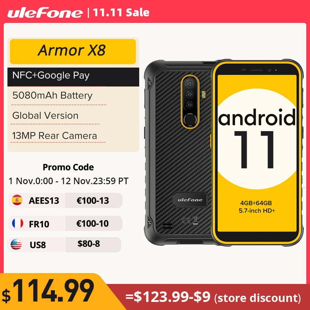 Cena Osłona Ulefone X8 Wytrzymały Wodoodporny Smartfon Android11 5.7 Calowy Telefon Komórkowy 4GB 64GB Ip68 Octa-core NFC 4G LTE Telefon Komórkowy