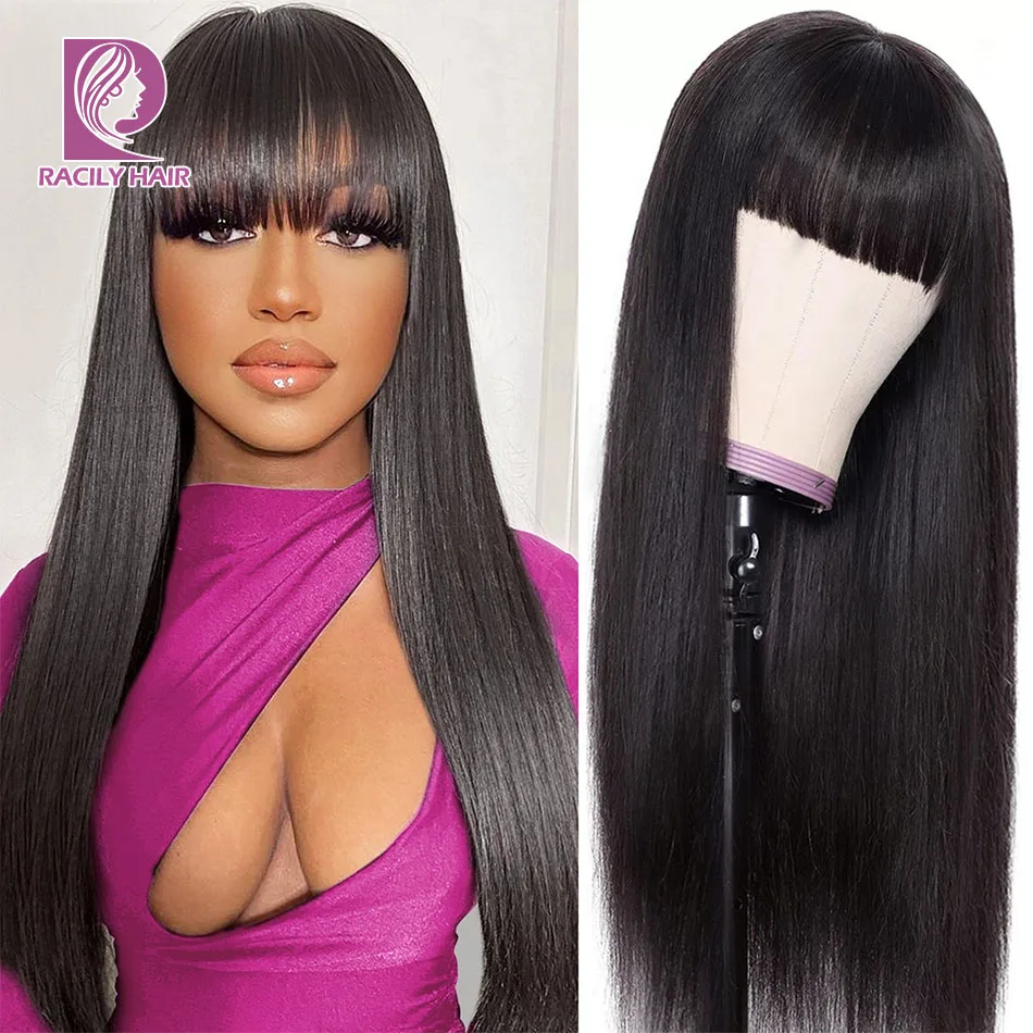 

Straight Wig With Bangs Fringe Straight Human Hair Wigs For Women Brazilian Hair Bangs Wig Full Machine Made Remy Hair Glueless