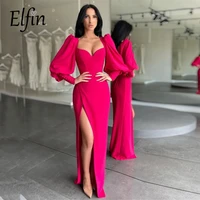 elfin fuchsia long puffy sleeves evening dresses slit side soft elastic satin prom gown special occasion party gowns