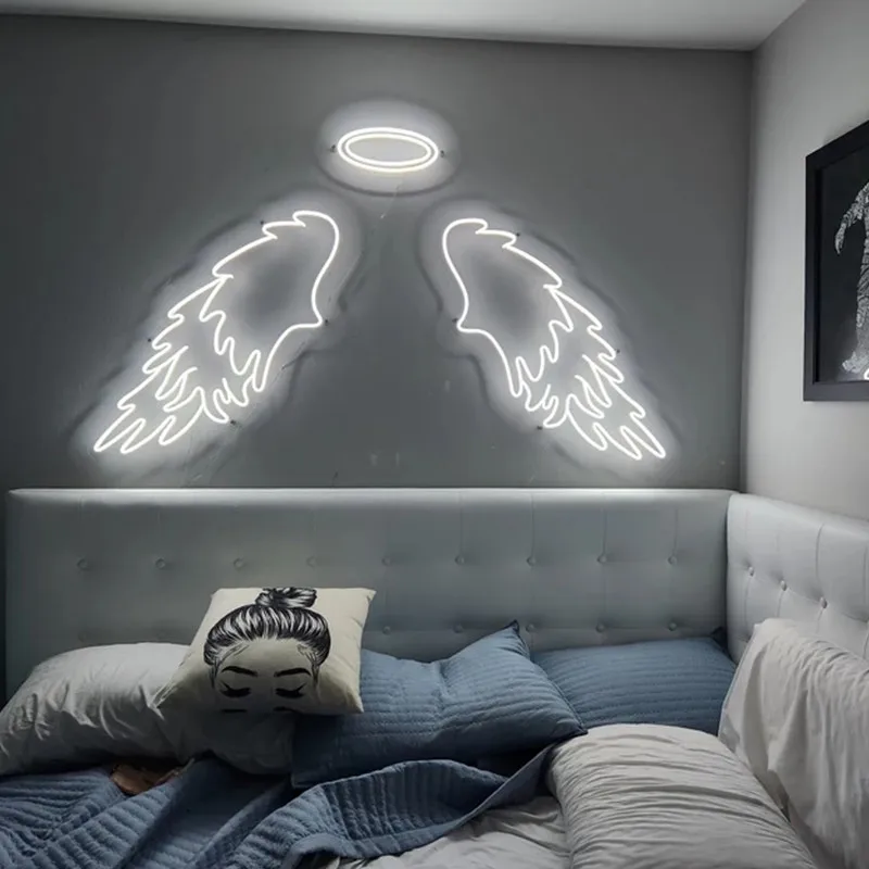 Неоновая вывеска с ангельскими крыльями и ореолом неоновая Свадебный декор на