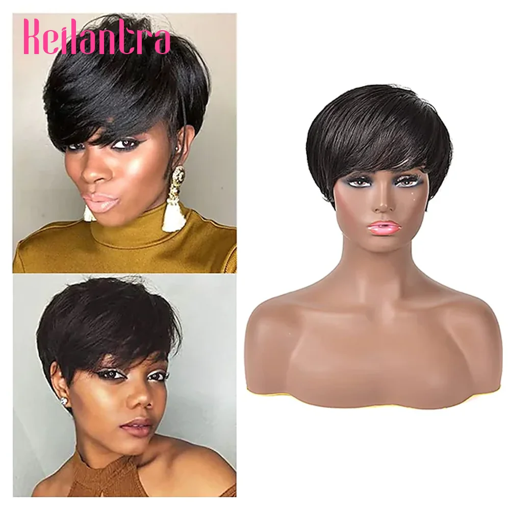 Short Bob Pixie Cut Straight Human Hair Wigs For Black Women Brazilian Remy Full Machine Made Wigs With Bangs Cheap Glueless Wig