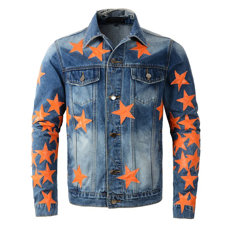 New Men's Vintage Light Blue Distressed Leather Stars Patches Ripped Ragular Slim Buttons Patchwork Pockets Denim Jackets
