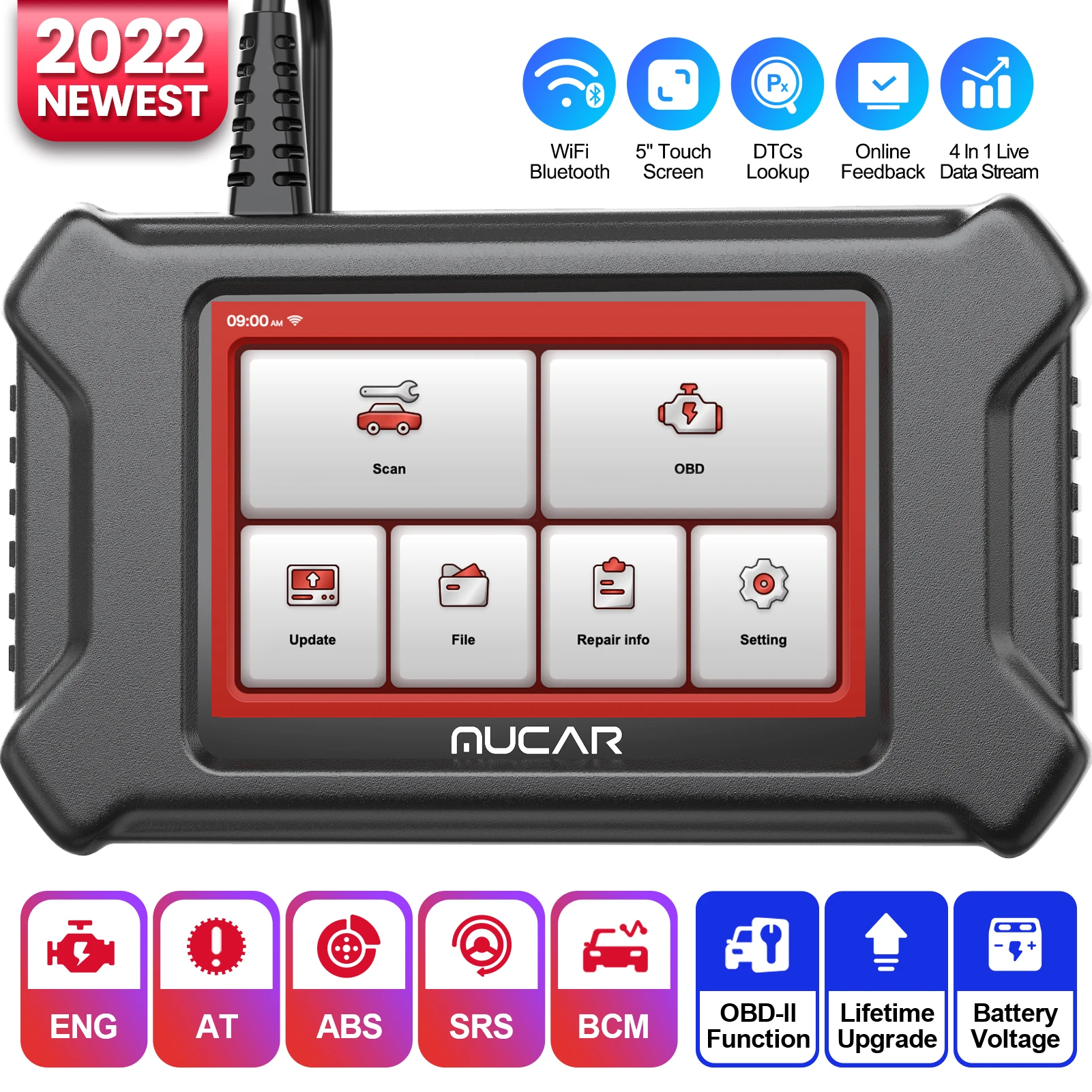 MUCAR CS5 OBD2 Scanner 2022 Newest Car Tools for ECM TCM ABS SRS BCM Diagnostic Scan Tool Battery Test Automotive Scanner