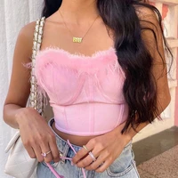 plush chest wrap off the shoulder tops women sexy pink feather vest club furry party tank top slim bodycon y2k mini camis ins