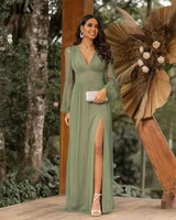 ms a line green tulle evening dress v neck side high slit full sleeves mother of the bride dress long prom gowns saudi arabia