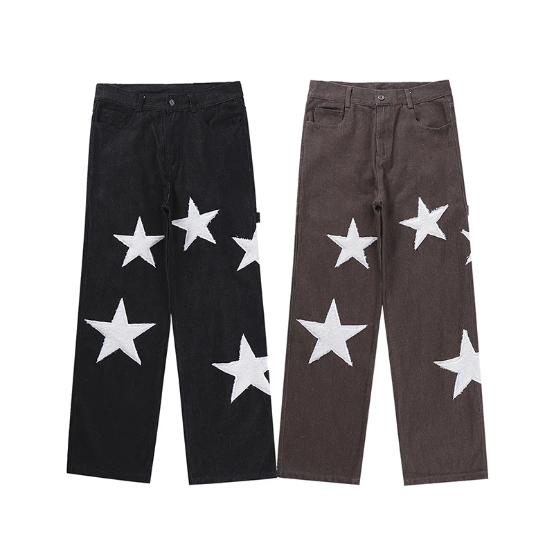 INS Fashion Stars Embroidery Side Sashes Streetwear Mens Jeans Retro Patchwork Baggy Casual Denim Trousers Oversized Pantalones
