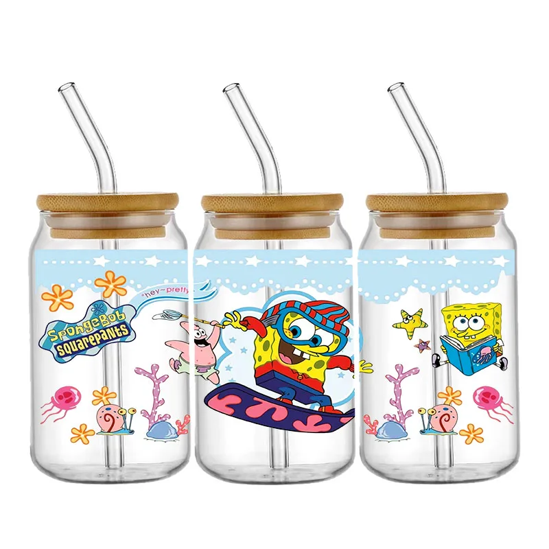 Мультфильм Губка Боб Квадратные Штаны желтый УФ-наклейка для чашки DTF 16 унций Libbey
