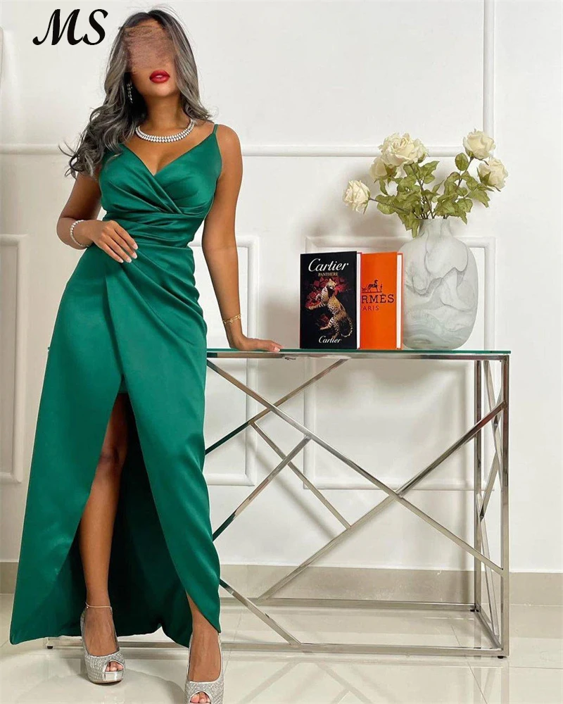 

MS Dark Green Satin A Line Evening Dress Spaghetti Stap Side High Slit Sweetheart Simple Prom Gown Vestido De Festa For Women