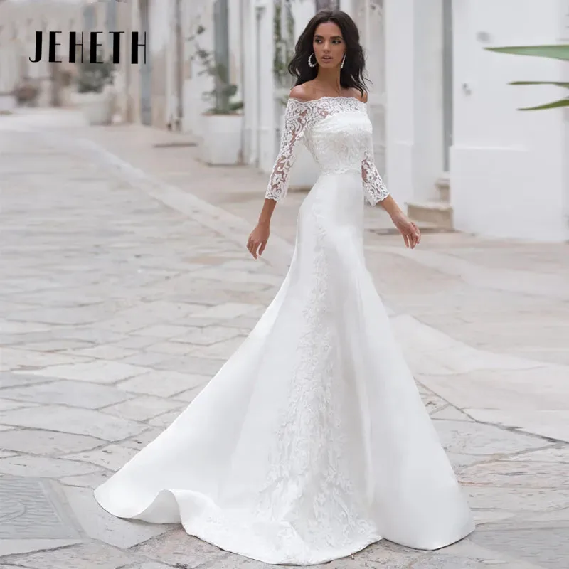 

Женское свадебное платье с кружевной аппликацией JEHETH, сексуальное платье с вырезом лодочкой и юбкой-годе, элегантное Тюлевое Прозрачное платье для невесты Женское свадебное платье с кружевной аппликацией JEHETH, сек