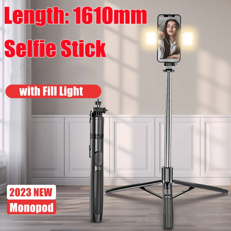 Roreta 2023 New 1610mm Wireless Bluetooth Selfie Stick Long Size Tripod with Bluetooth Shutter Fill Light Monopod for IOS