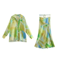 clothland fashion print blouse skirt set two piece suit long sleeve shirt midi skirt vintage chic women sets mujer tz520