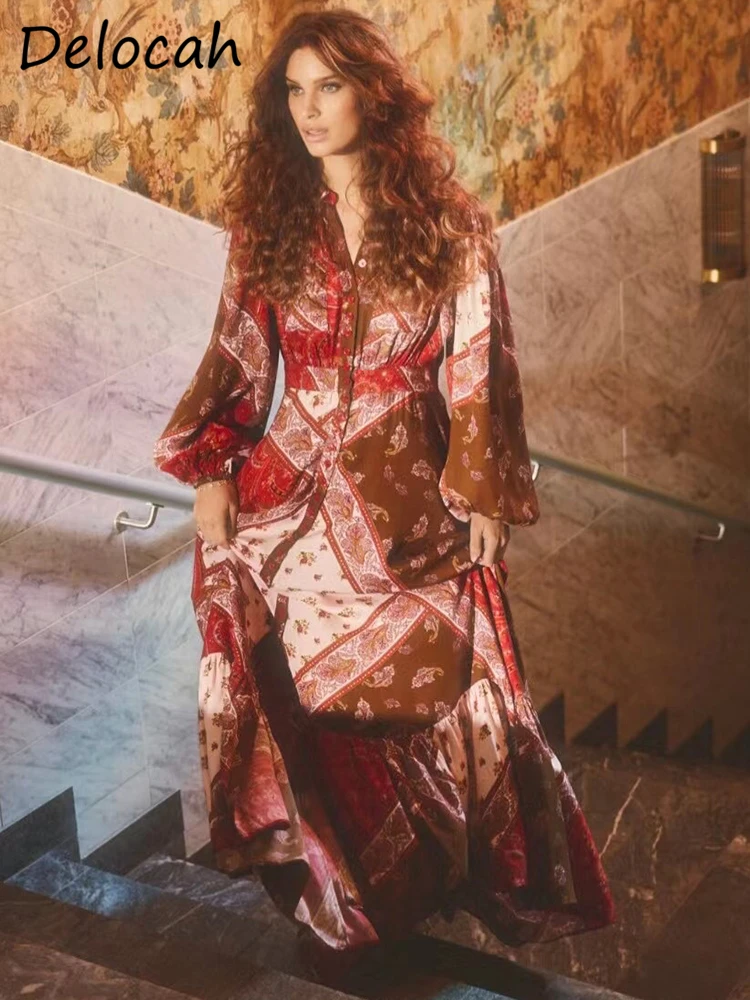 

Delocah High Quality Autumn Women Fashion Runway Long Dress Lantern Sleeve Vintage Print Shirts Style Big Swing Party Dresses