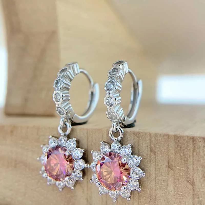 

Trendy 1ct Red Pink Color VVS Moissanite Sunflower Clip Earrigns for Women 925 Sterling Silver Lab Diamond Earrings Pass Tester
