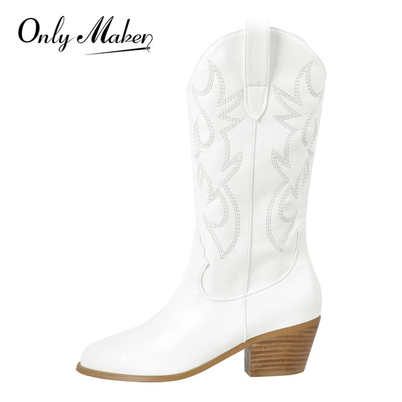 

Onlymaker Women Pointed Toe White Embroidery Tapered Heel Round Up Mid-Calf Big Size Western Cowboy Boots