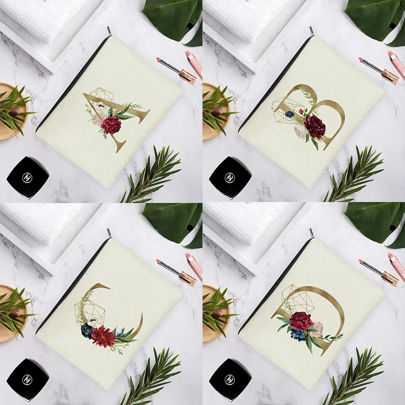 

Golden English Alphabet Rose Geometry Figure Simple Fashion Women Beauty White Linen Cosmetic Bag Makeup Storage Travel