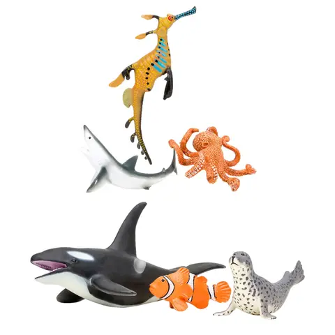 Фигурки игрушки серии "Мир морских животных": Акула, касатка, осьминог, рыба-клоун, морской леопард, морской дракон (набор из 6 