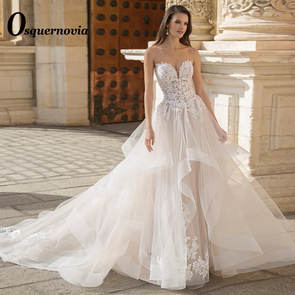 

Osquernovia Stylish Ruched A-line Wedding Dresses Sweetheart Appliques Backless Sleeveless Button Robe De Mariée Personalised