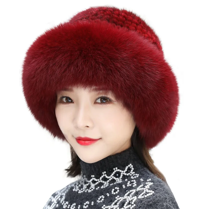 Hot Sale Fashion Winter Warm Women Knit Caps Mink Hats With FOX Fur Vertical Woven Top Women's Earmuffs Beanies Caps