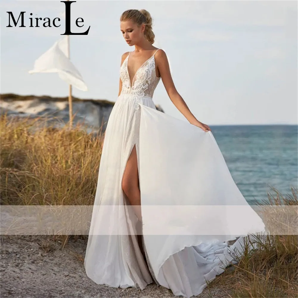

Boho A Line Spaghetti Straps Wedding Dresses For Women V Neck Wedding Gown For Bride Lace Appliques Backless Robe De Mariée