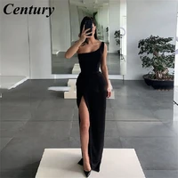 century black evening dress one shoulder zipper back leg slit long elegant dresses for women satin night holiday dress prom gown