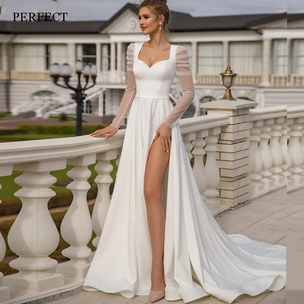 

PERFECT Sweetheart Side Split Satin Wedding Dresses Long Sleeves A-Line Bridal Gowns Custom Made Sweep Train Vestidos De Novia
