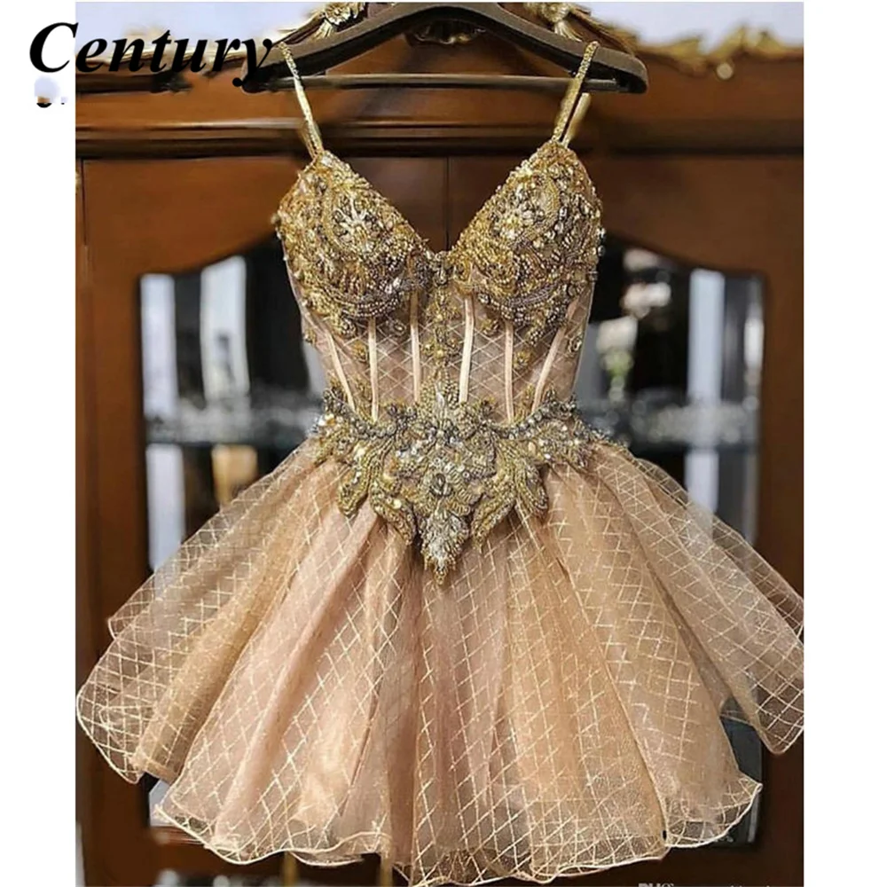

2021 Champagne Beaded Crystals Homecoming Dresses Spaghetti A Line Lace Graduation Dress Short Sexy Cocktail Party Gowns