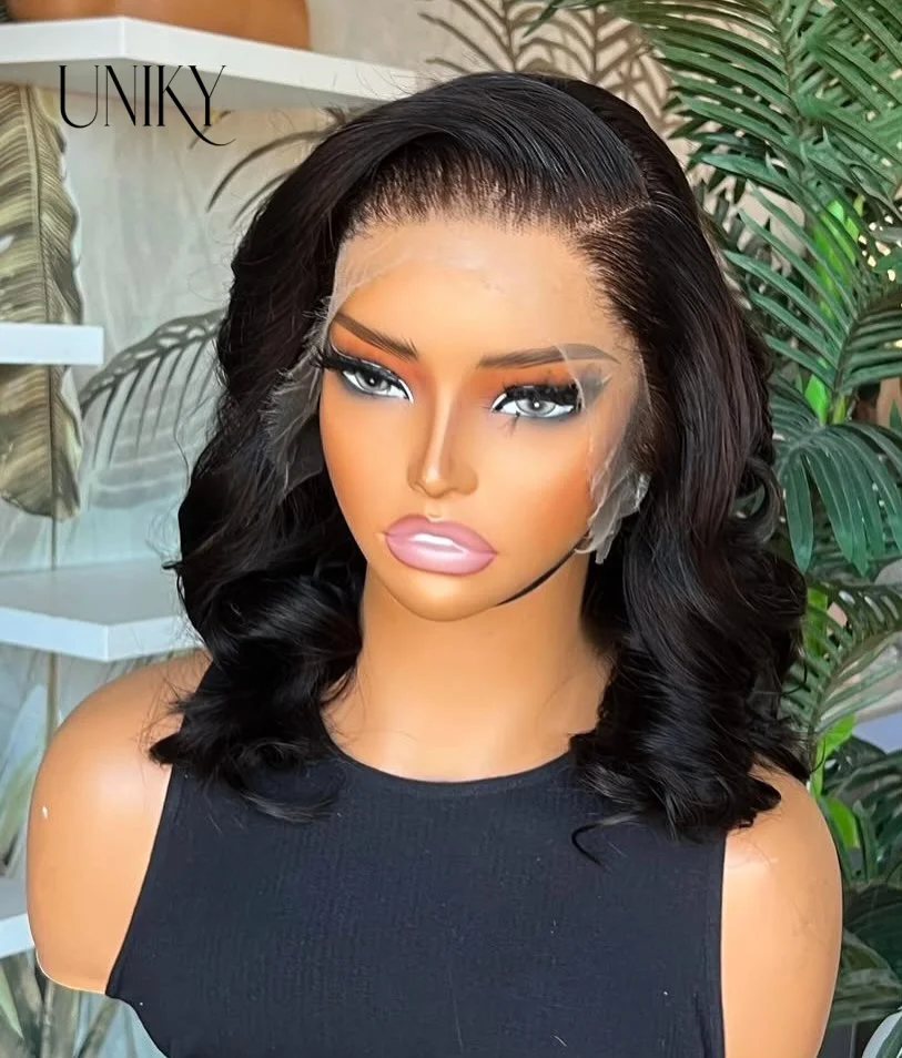 Объемная волна Боб парик 13x4 Прозрачный кружевной фронтальный Бразильские