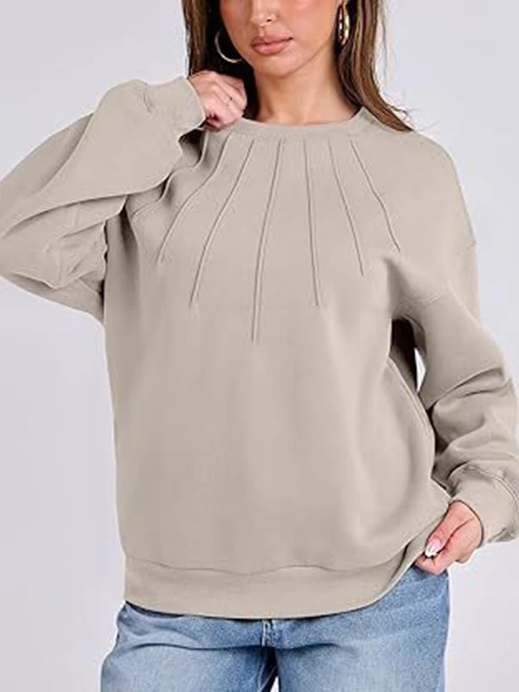 Блузка женская плиссированная однотонная с длинным рукавом и круглым вырезом