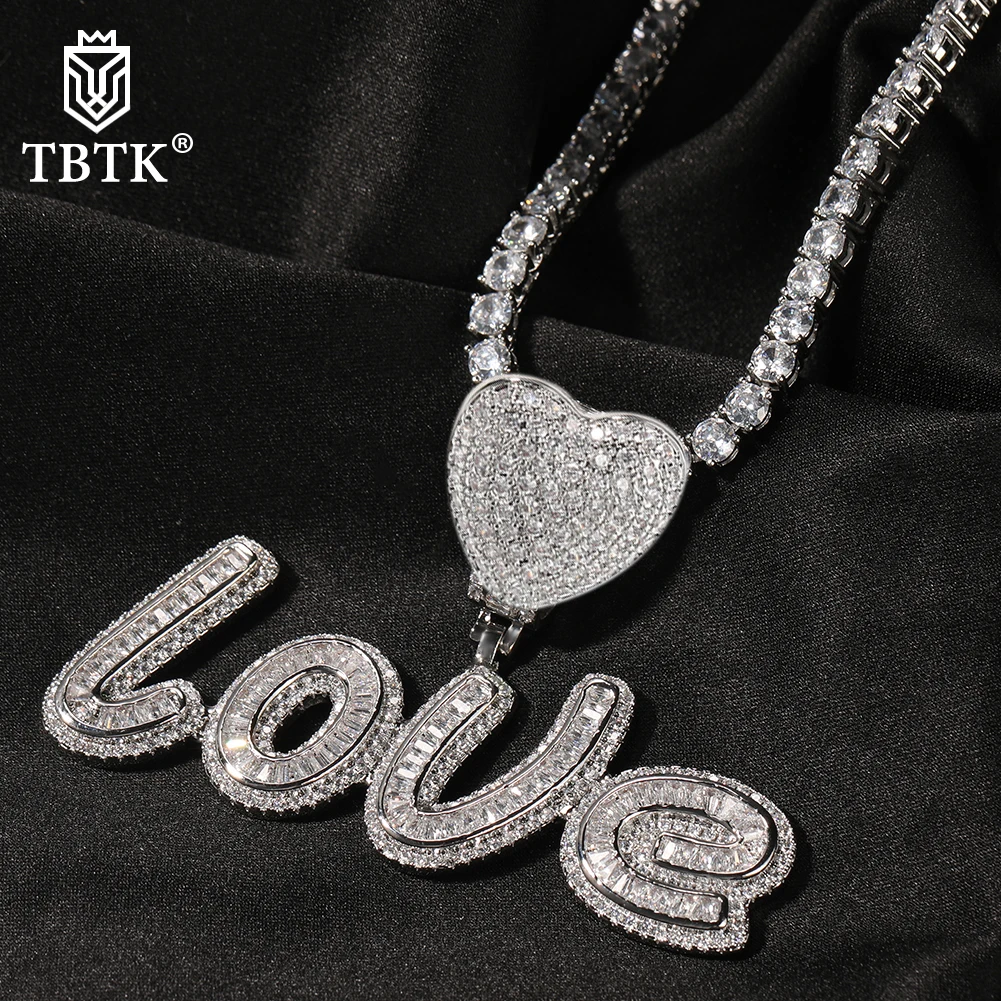 TBTK Custom Baguette Script Name Pendant With Heart Clasp Necklace Iced Out Cubic Zirconia Necklace Hiphop Jewelry