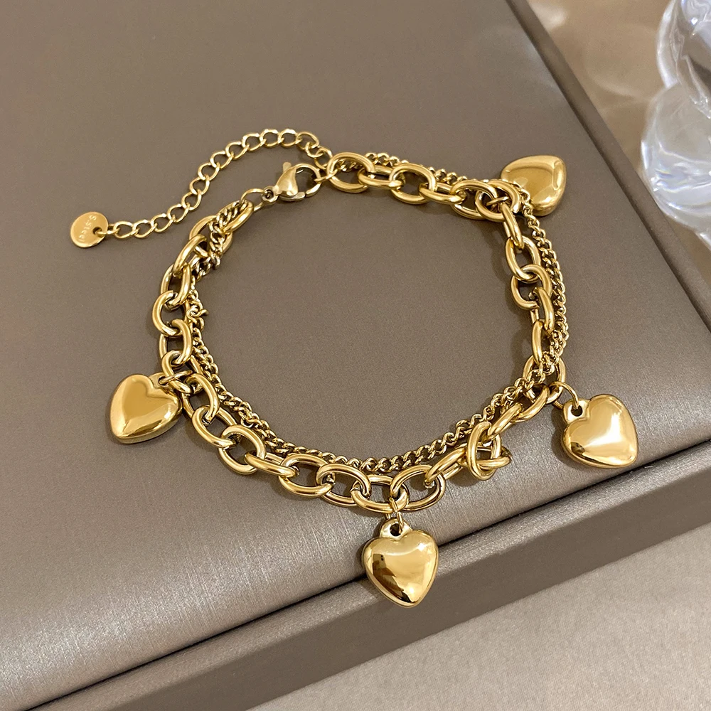 Stainless Steel Heart Pendant Cuba Link Chain Bracelet Bangles For Women Girls Gold Color Love Charm Bracelets Jewelry Gift