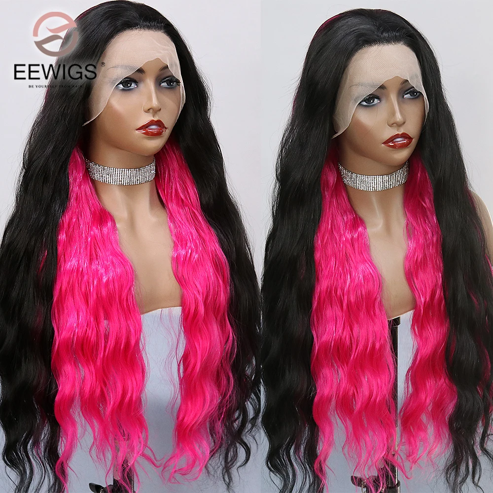 

Парик женский для косплея, синтетический карнавальный парик с объемными волнами черного и розового цвета, 30 дюймов, 13x 4