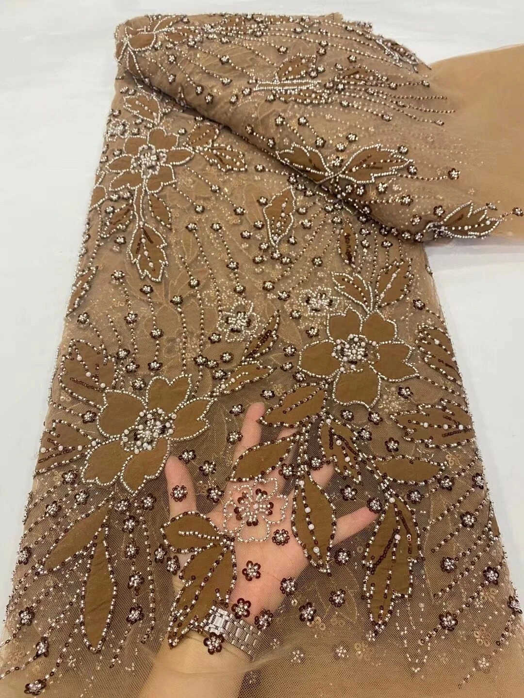 

2023 High Quality African Nigerian Tulle Lace Fabric Sequins Embroidery Elegant French Guipure Wedding Party Dress Beaded 5Yards