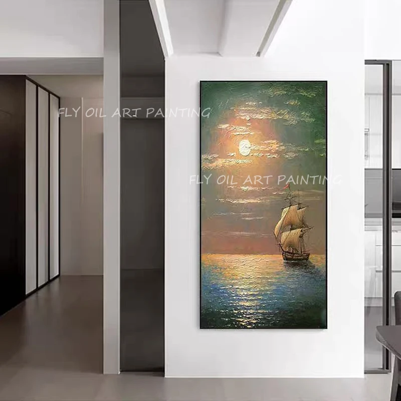 100% ручная роспись фотообои абстрактный морской пейзаж с парусником толстый нож