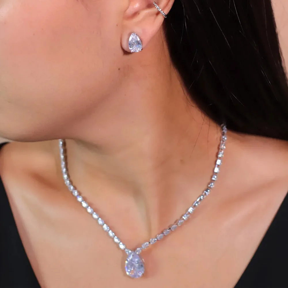 

Bridal 2pcs Jewelry Set Luxury Wedding Party Zircon for Women Fashion Water Drop Shape Necklace and Earrings Set Cube Zircon