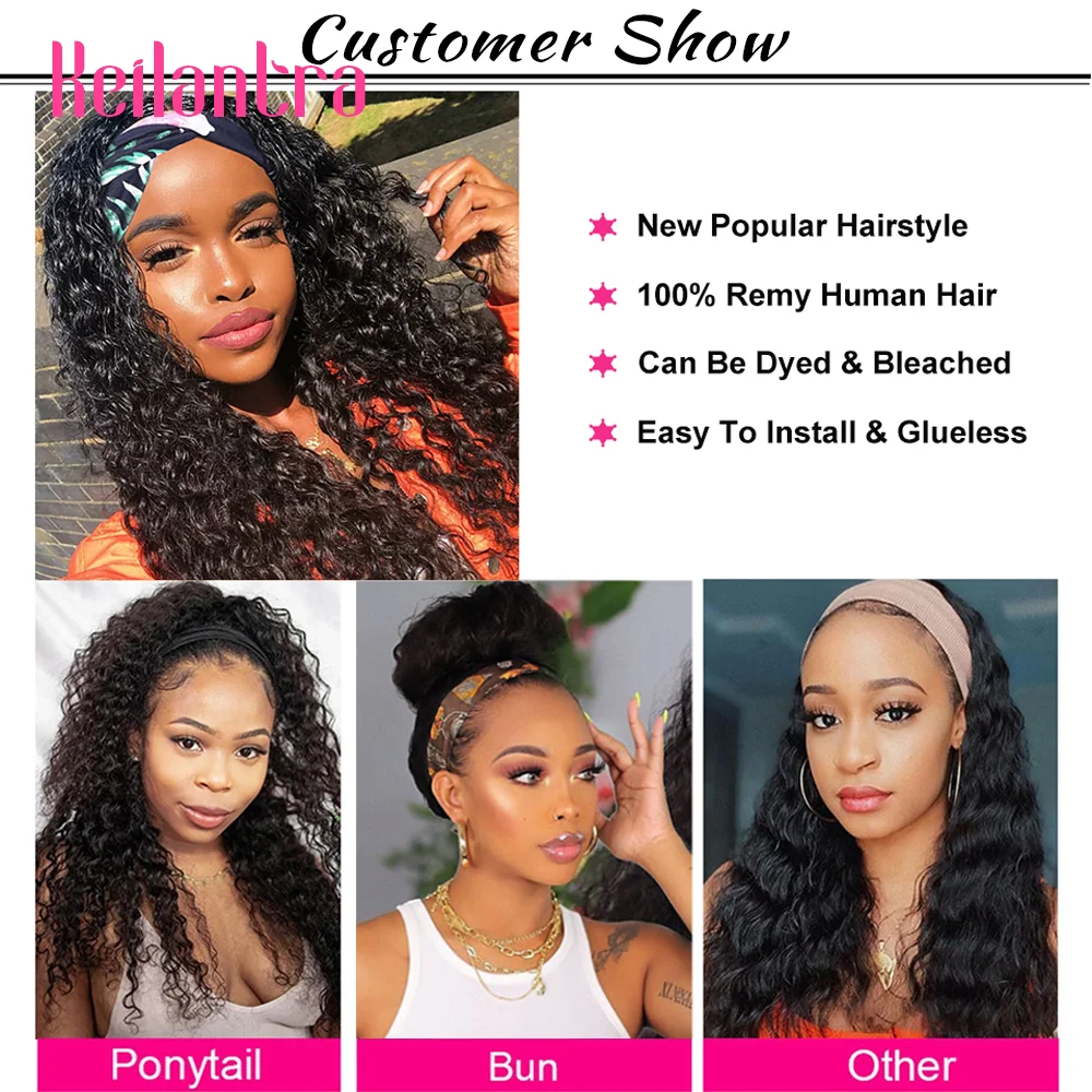 Brazilian Deep Wave Headband Wig Human Hair Wigs For Black Women Full Machine Made Scarf Wig Glueless Deep Curly Headband Wig