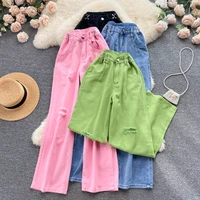 clothland women vintage candy color jeans zipper holes wide leg pants pink green chic casual trousers mujer ka233