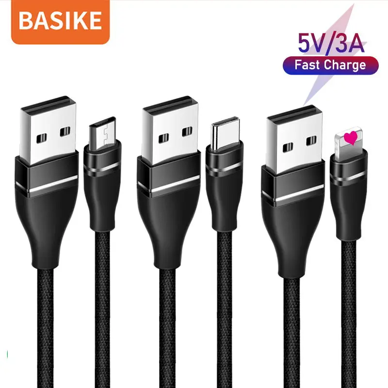 

BASIKE USB Type C Cable Fast Charging Wire Data Cord Lightning Cable 1M 3A For Iphone Samsung Xiaomi Mi Mobile Phone USB C Cable