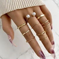 boho retro round pearl knuckle joint rings set for women elegant gold color cross wave hollow finger ring charm jewelry 2022 new