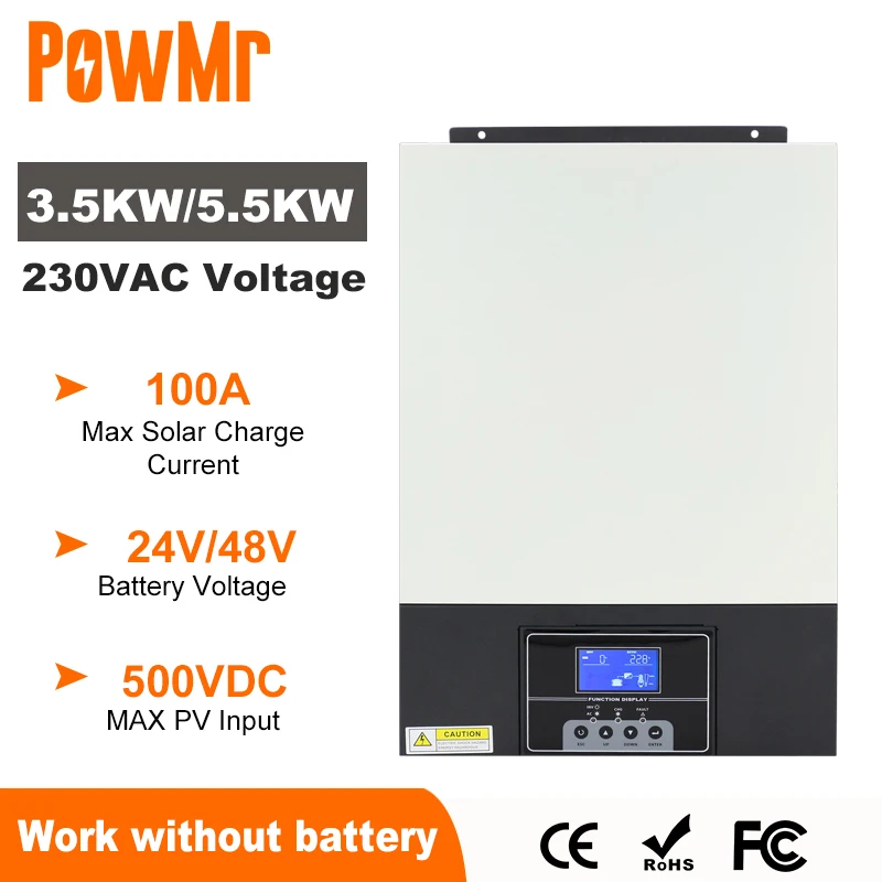 

PowMr 3.5KW 5.5KW Гибридный солнечный инвертор 24V 48V 220V Чистая синусоида Инвертор с MPPT 100A Солнечный контроллер Макс PV вход 500VDC